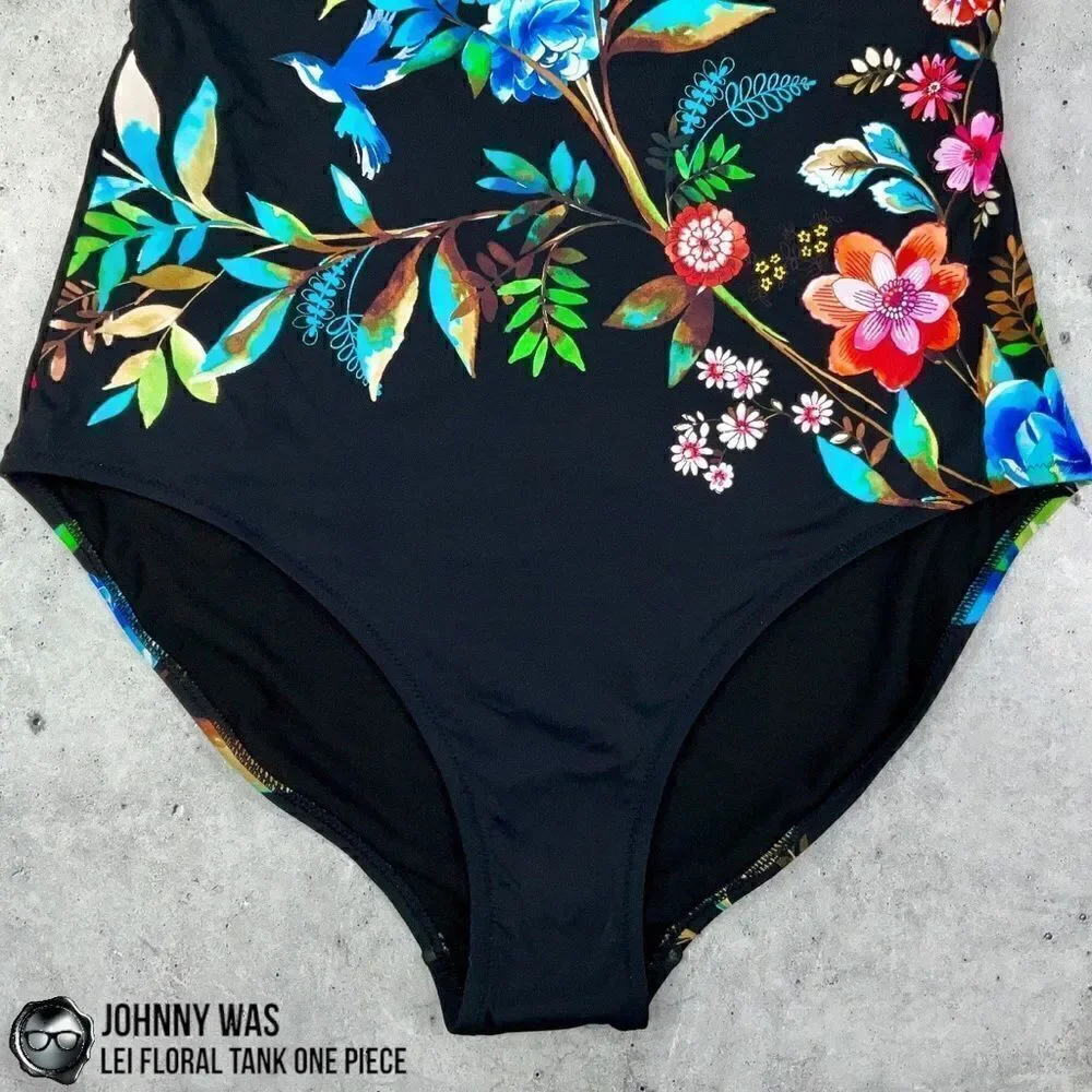 JOHNNY WAS LEI FLORAL TANK ONE PIECE PLUS SIZE 2X SWIMSUIT IN BLACK FLORAL NEW